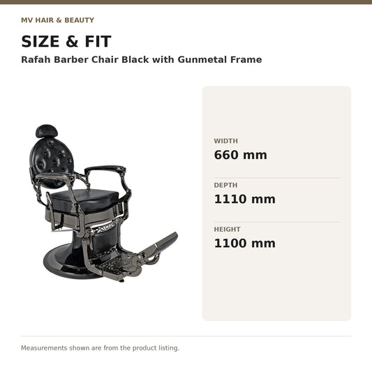 Rafah Barber Chair Black with Gunmetal Frame dimensions: Width: 660 mm; Depth: 1110 mm; Height: 1100 mm