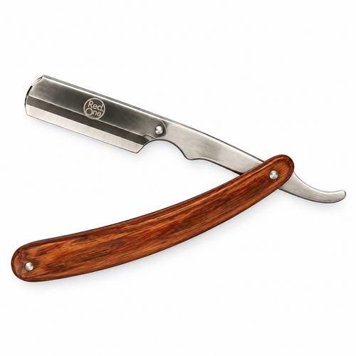 RedOne Steel & Wood straight razor with polished steel section and wooden handle