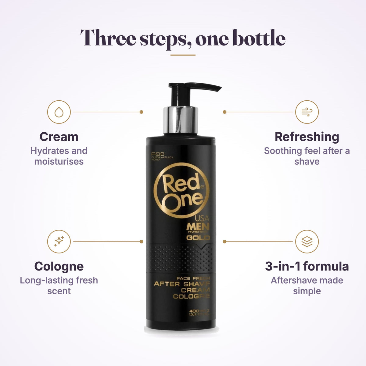 RedOne Gold After Shave Cream Cologne "Three steps, one bottle" graphic