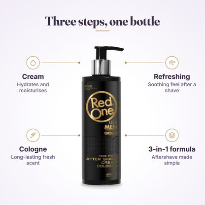 RedOne Gold After Shave Cream Cologne "Three steps, one bottle" graphic