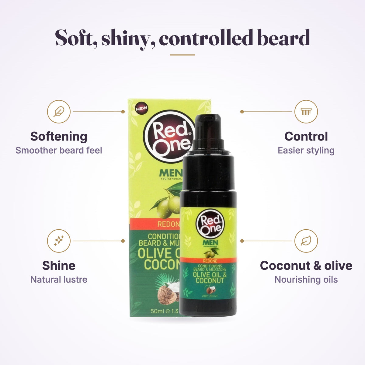 RedOne Beard & Moustache Coconut & Olive Oil 50ml features overview