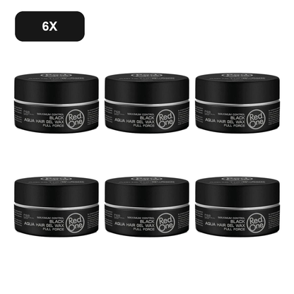 RedOne Black Aqua Hair Wax 150ml – 6 Pack showing all 6 exact RedOne 150ml wax jars on white background
