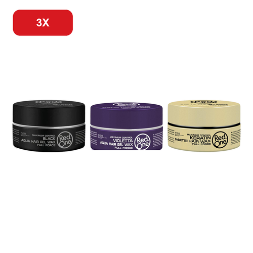 RedOne Black, Violetta & Keratin Hair Wax 150ml – 3 Pack showing all 3 exact RedOne 150ml wax jars on white background