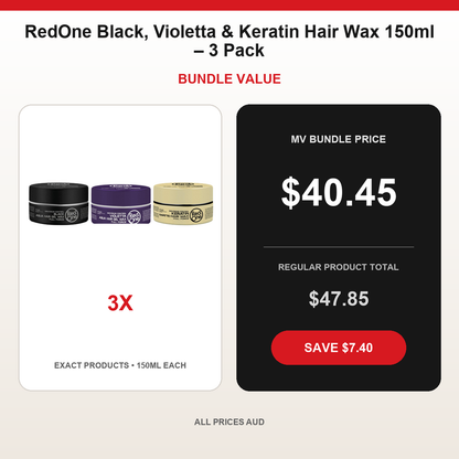 RedOne Black, Violetta & Keratin Hair Wax 150ml – 3 Pack bundle price $40.45 AUD and regular product total $47.85 AUD