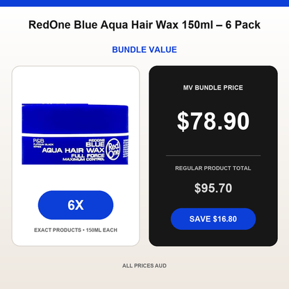 RedOne Blue Aqua Hair Wax 150ml – 6 Pack bundle price $78.90 AUD and regular product total $95.70 AUD