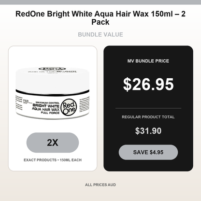 RedOne Bright White Aqua Hair Wax 150ml – 2 Pack bundle price $26.95 AUD and regular product total $31.90 AUD