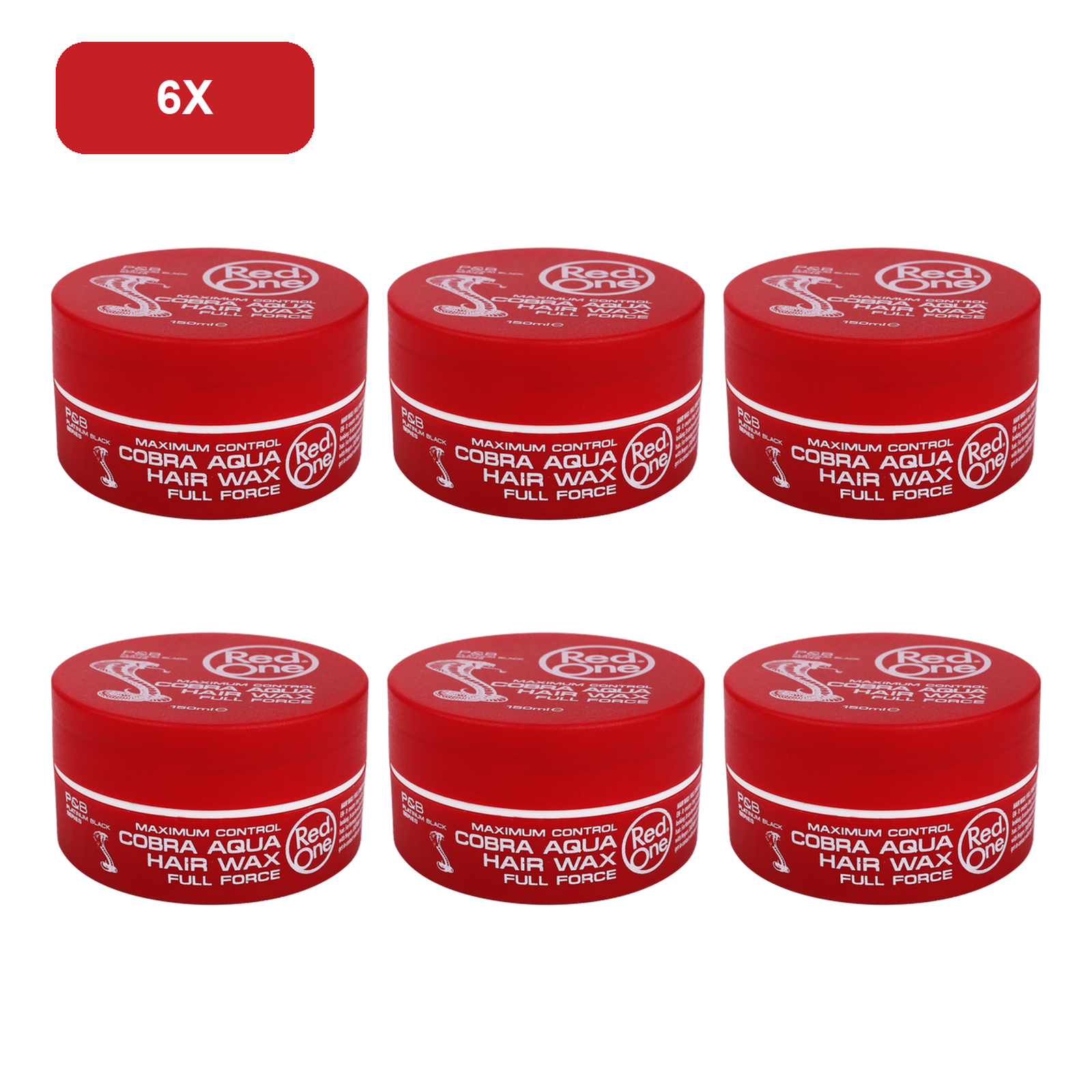 RedOne Cobra Aqua Hair Wax 150ml – 6 Pack showing all 6 exact RedOne 150ml wax jars on white background