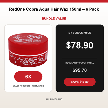 RedOne Cobra Aqua Hair Wax 150ml – 6 Pack bundle price $78.90 AUD and regular product total $95.70 AUD