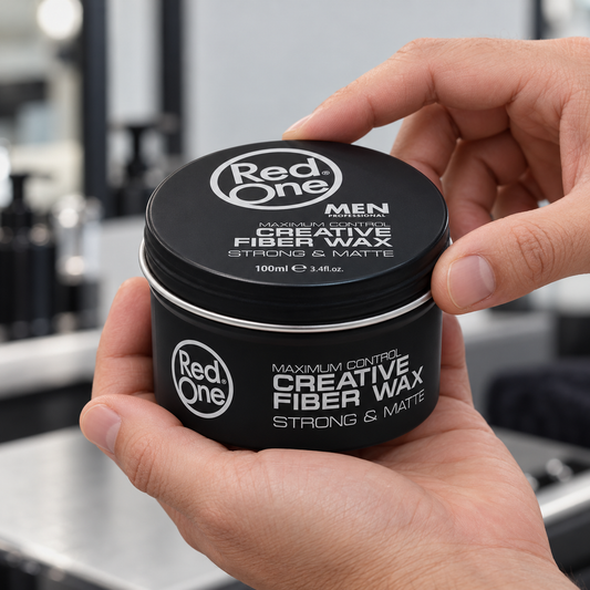 Hands holding RedOne Creative Fiber Wax Strong and Matte 100ml, showing the screw lid and front label.