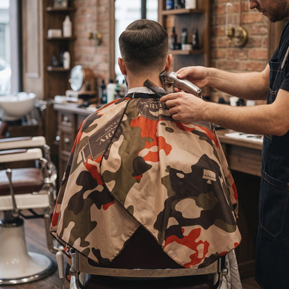 Barber cutting hair with client in RedOne Groom Army camo cape