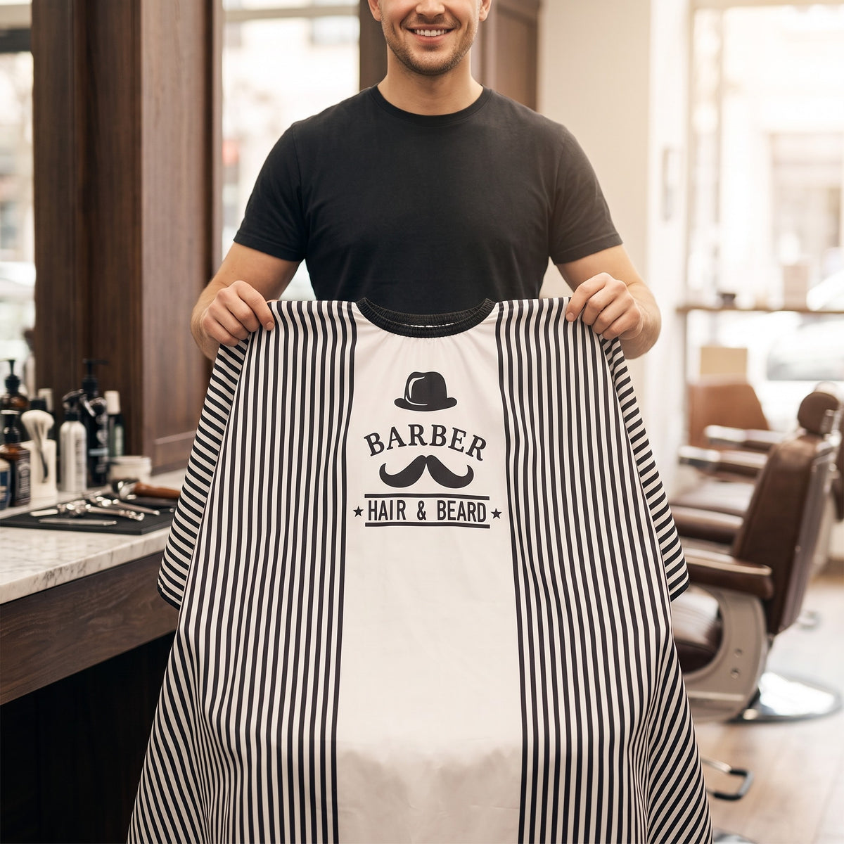 Barber holding up the RedOne Moe+Hat striped cape
