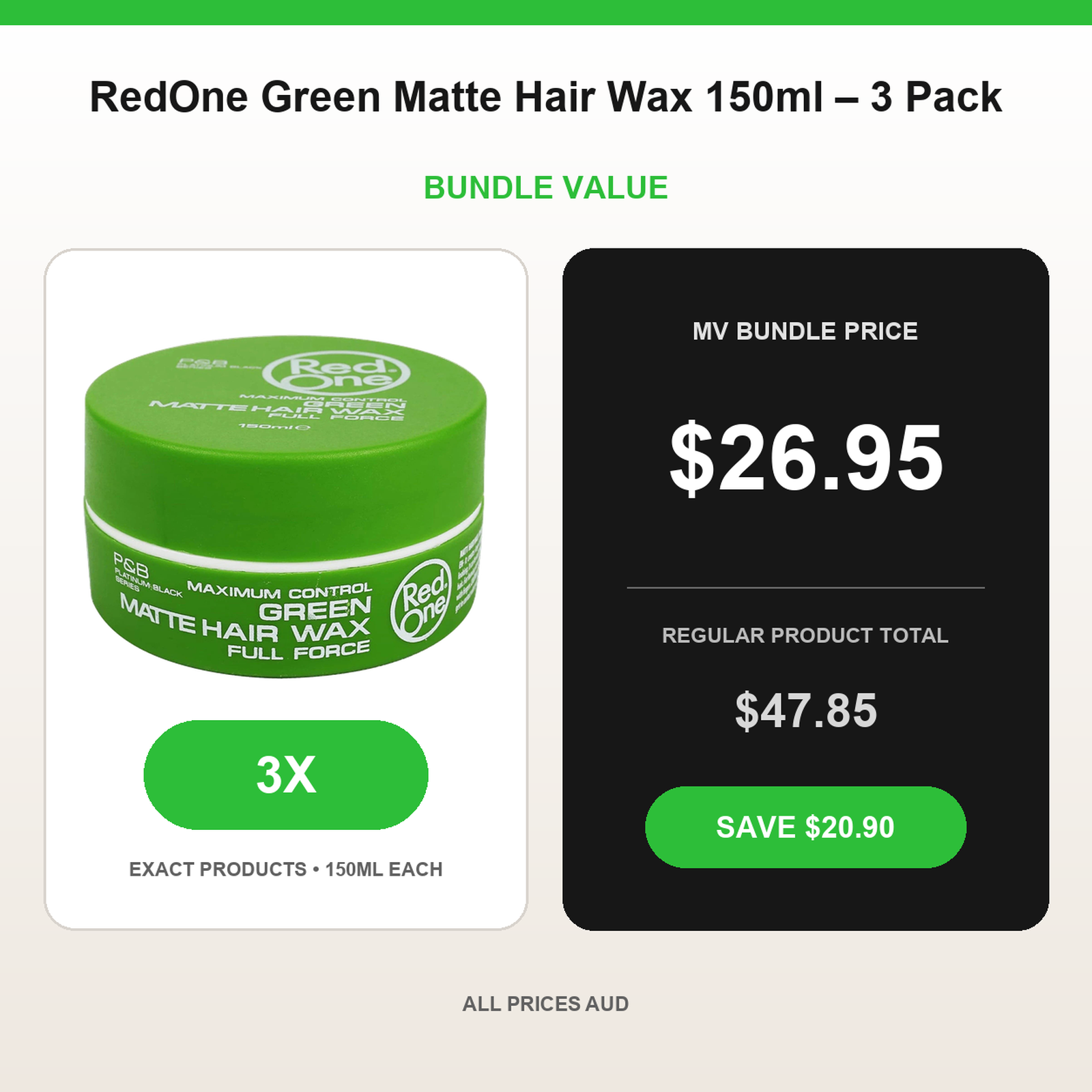 RedOne Green Matte Hair Wax 150ml – 3 Pack bundle price $26.95 AUD and regular product total $47.85 AUD