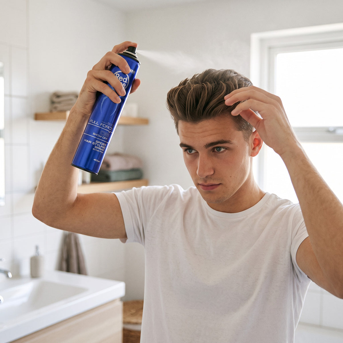 RedOne Hair Styling Spray Show-Off being applied to styled hair