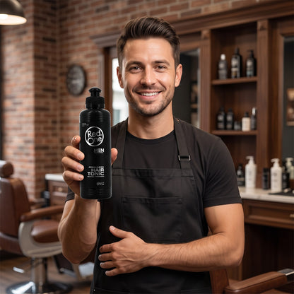 Barber holding RedOne Hair Tonic Menthol 250ml in a barbershop