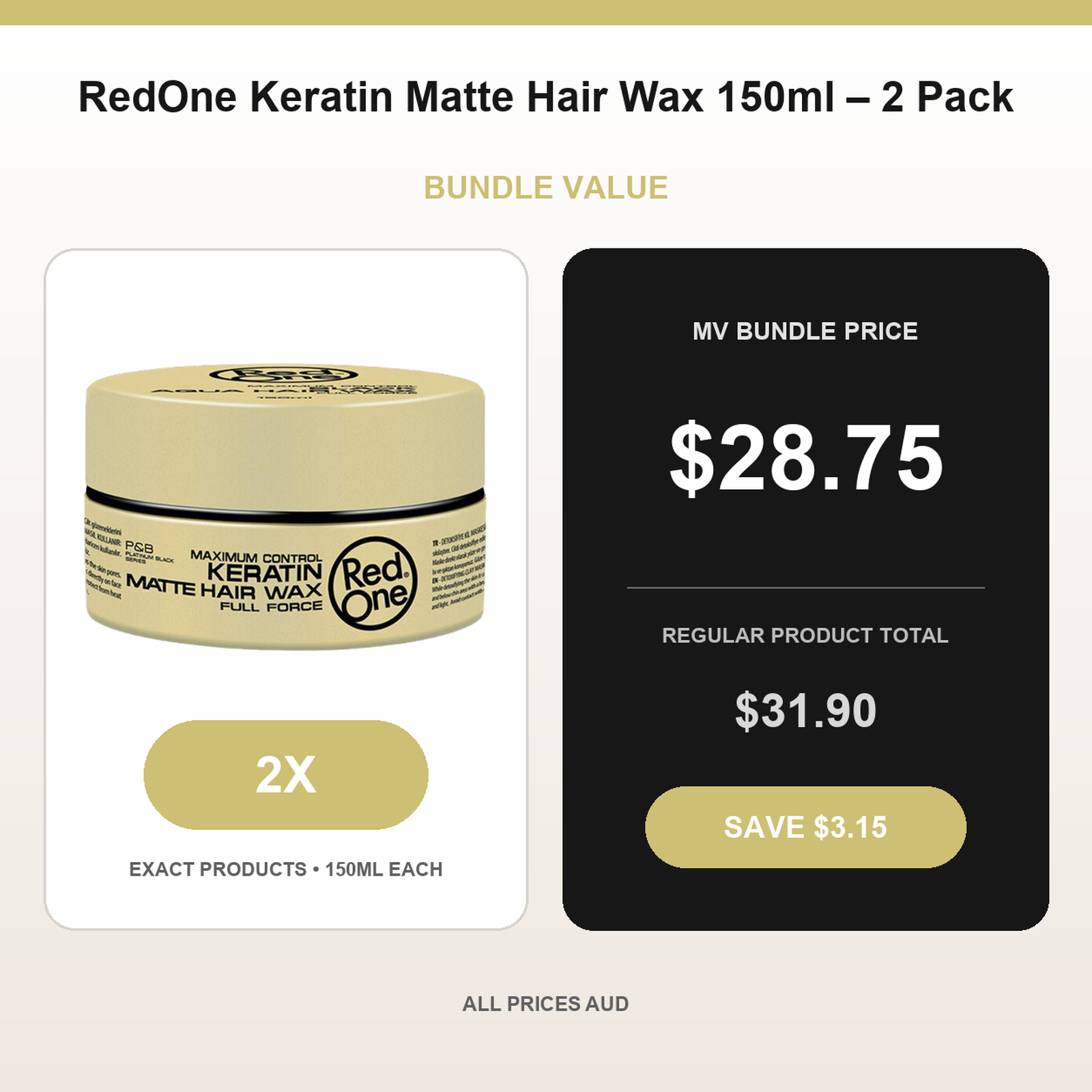 RedOne Keratin Matte Hair Wax 150ml – 2 Pack bundle price $28.75 AUD and regular product total $31.90 AUD