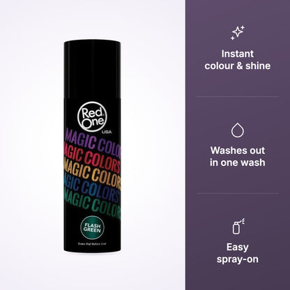 RedOne Magic Colour Temporary Hair Spray – Green 100ml key benefits infographic