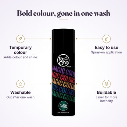 RedOne Magic Colour Temporary Hair Spray – Green 100ml features infographic