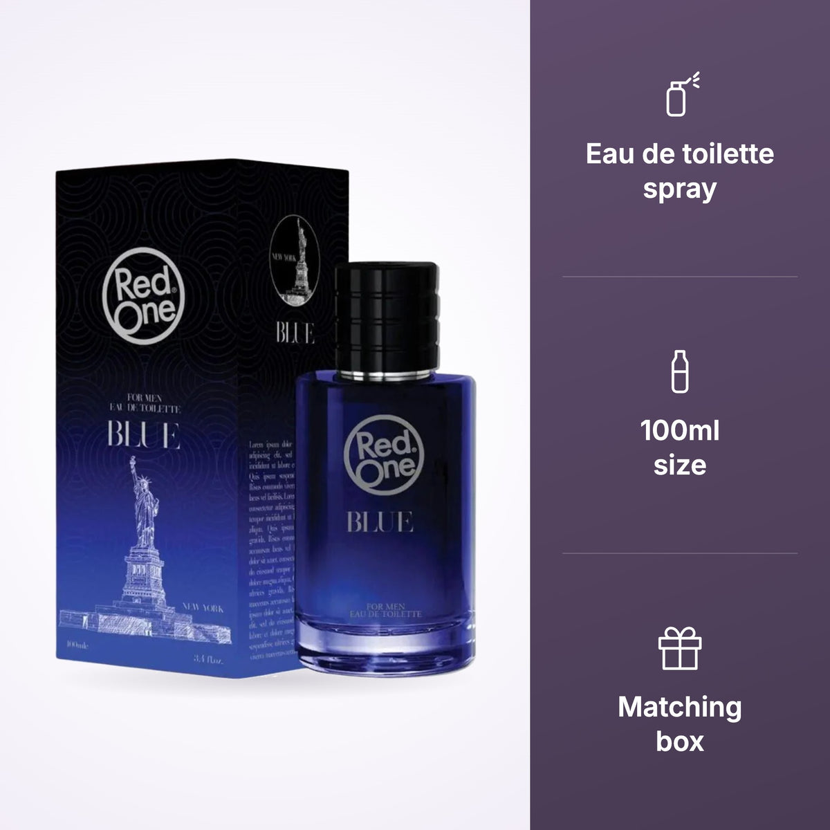 RedOne Blue Eau de Toilette for Men features: eau de toilette spray, 100ml size, matching box