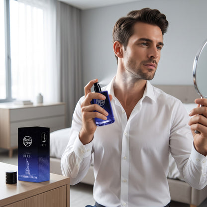 Man spraying RedOne Blue Eau de Toilette onto his neck