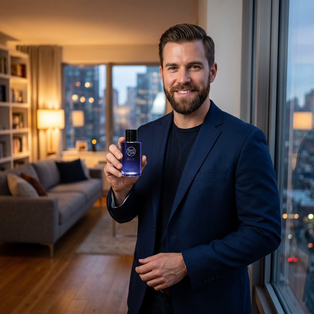Man in a suit holding a bottle of RedOne Blue Eau de Toilette
