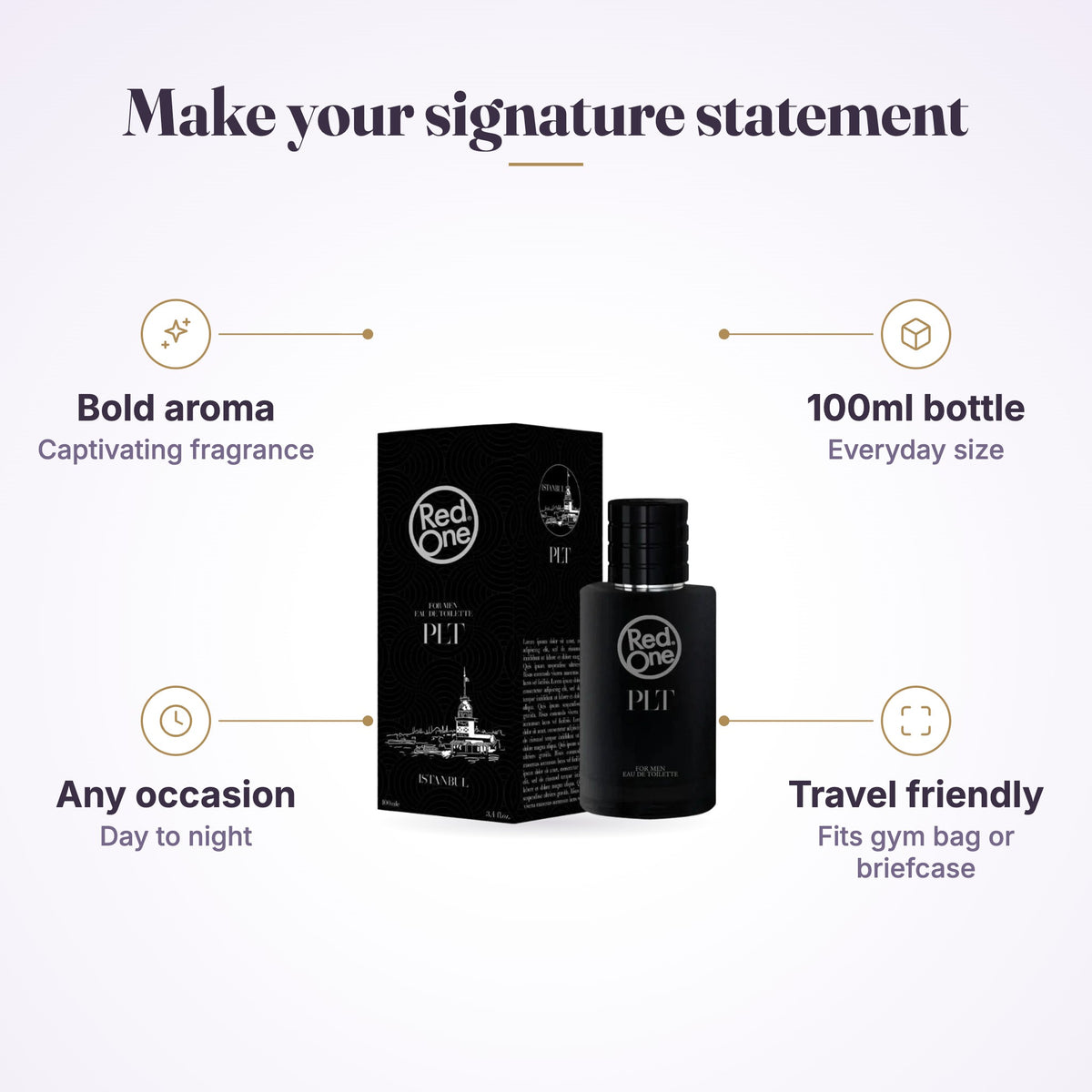 RedOne PLT men's perfume features: bold aroma, 100ml everyday bottle, day to night wear and travel friendly