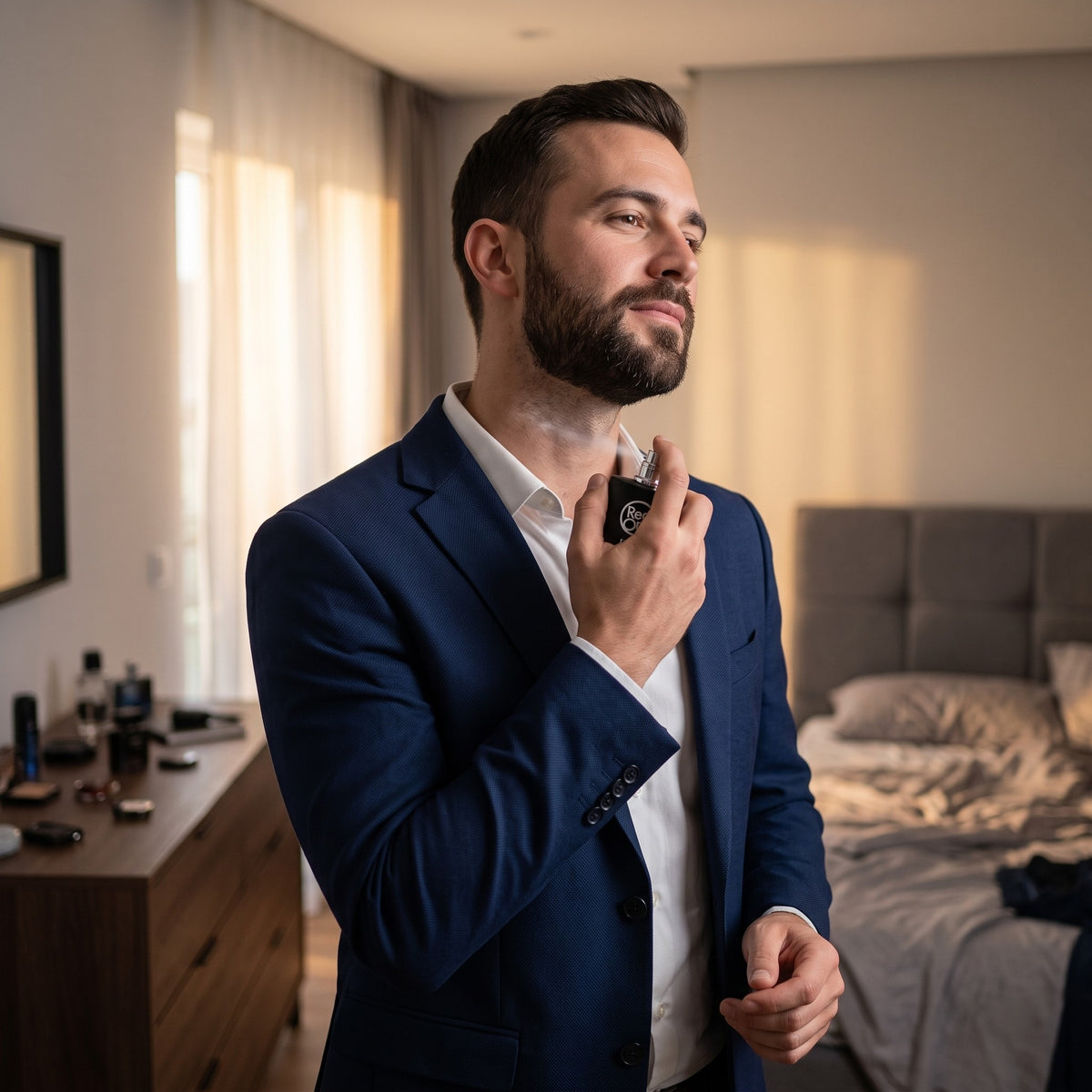 Man in a blue suit spraying RedOne PLT men's perfume onto his neck