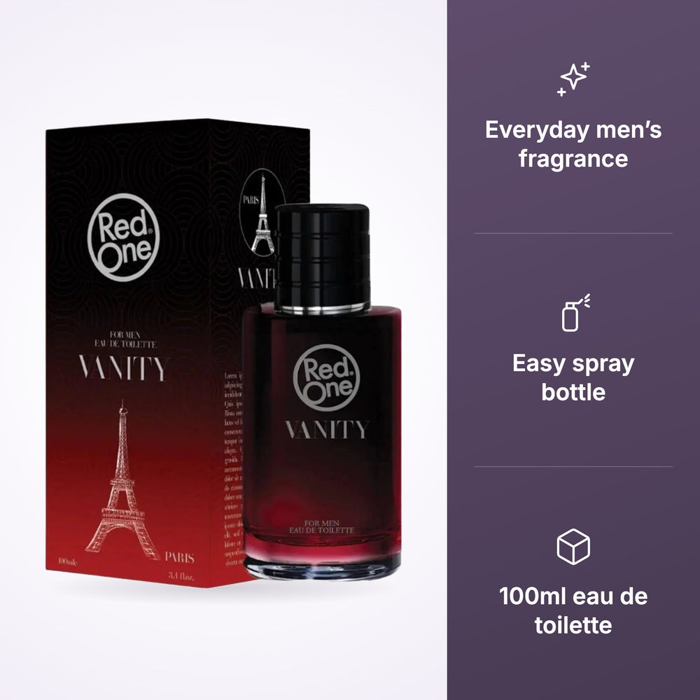 RedOne Vanity Eau de Toilette 100ml features: everyday men's fragrance, easy spray bottle, 100ml eau de toilette