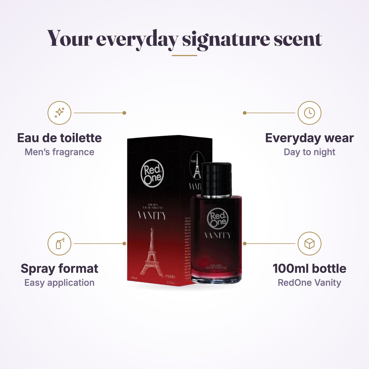 RedOne Vanity Eau de Toilette 100ml bottle and box: eau de toilette, everyday wear, spray format