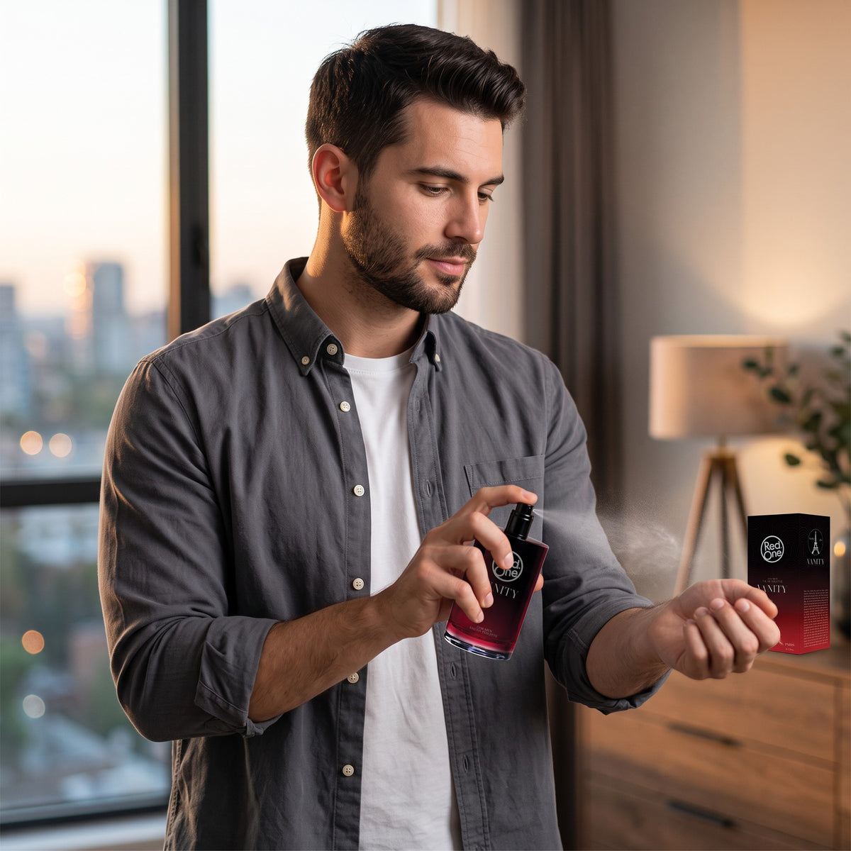 Man spraying RedOne Vanity Eau de Toilette onto his wrist