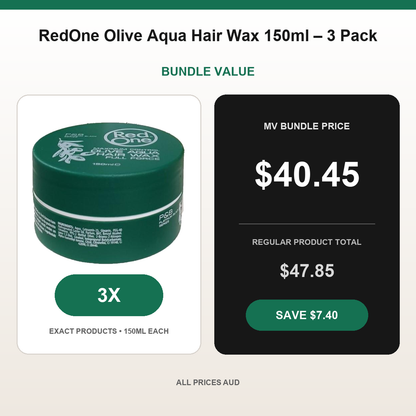 RedOne Olive Aqua Hair Wax 150ml – 3 Pack bundle price $40.45 AUD and regular product total $47.85 AUD