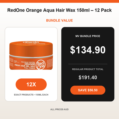 RedOne Orange Aqua Hair Wax 150ml – 12 Pack bundle price $134.90 AUD and regular product total $191.40 AUD