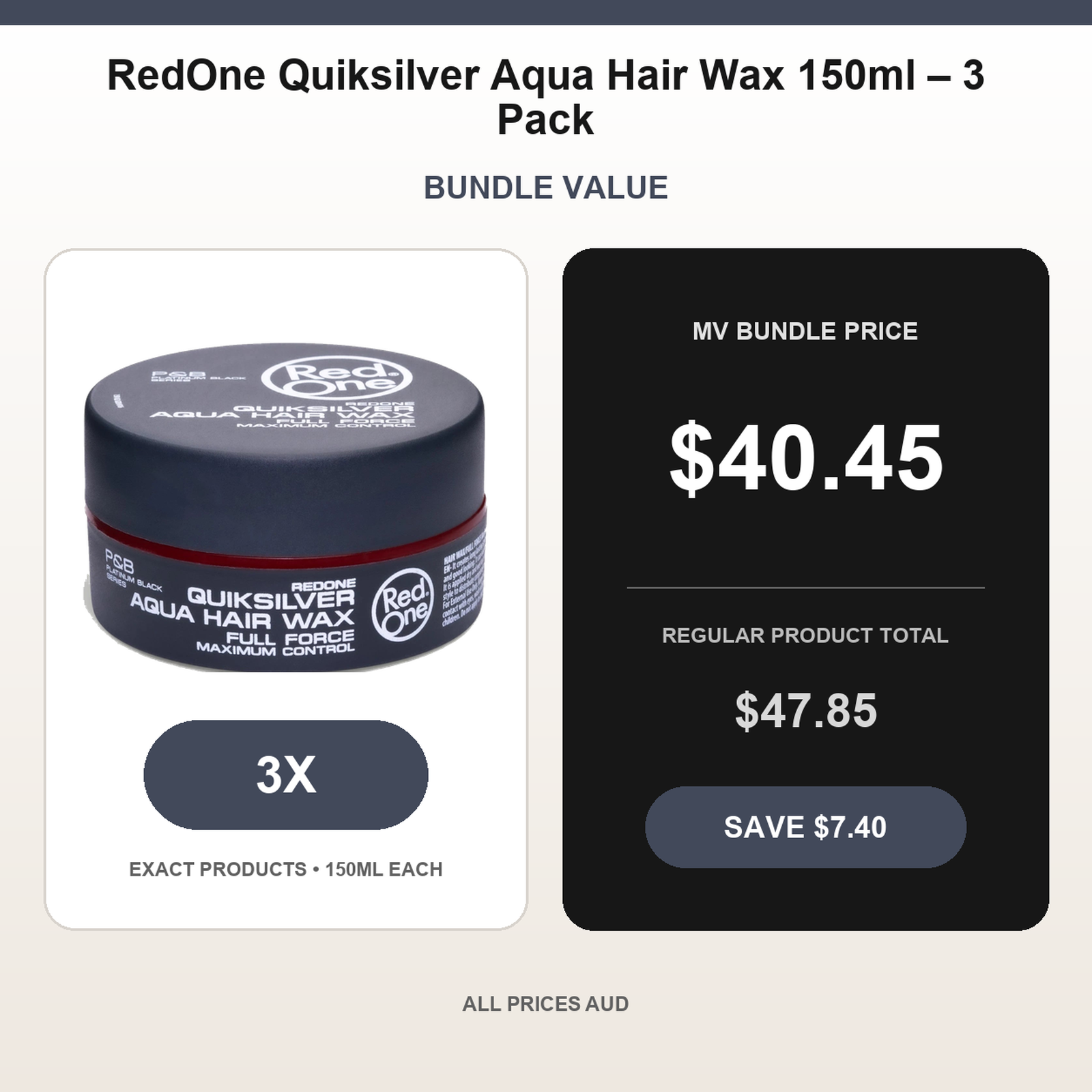 RedOne Quiksilver Aqua Hair Wax 150ml – 3 Pack bundle price $40.45 AUD and regular product total $47.85 AUD
