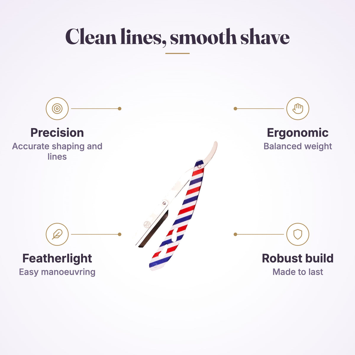 RedOne straight razor infographic: precision, ergonomic, featherlight, robust build