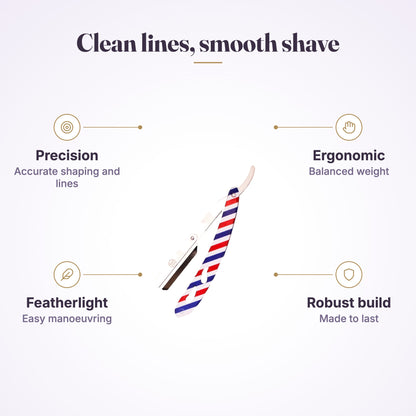 RedOne straight razor infographic: precision, ergonomic, featherlight, robust build