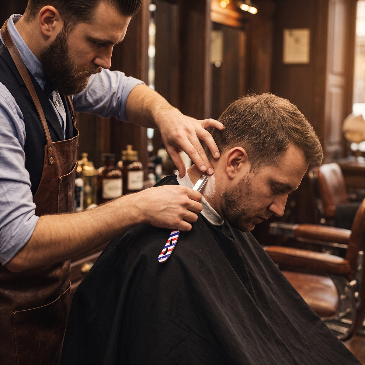 Barber shaving a client's neck with a RedOne straight razor