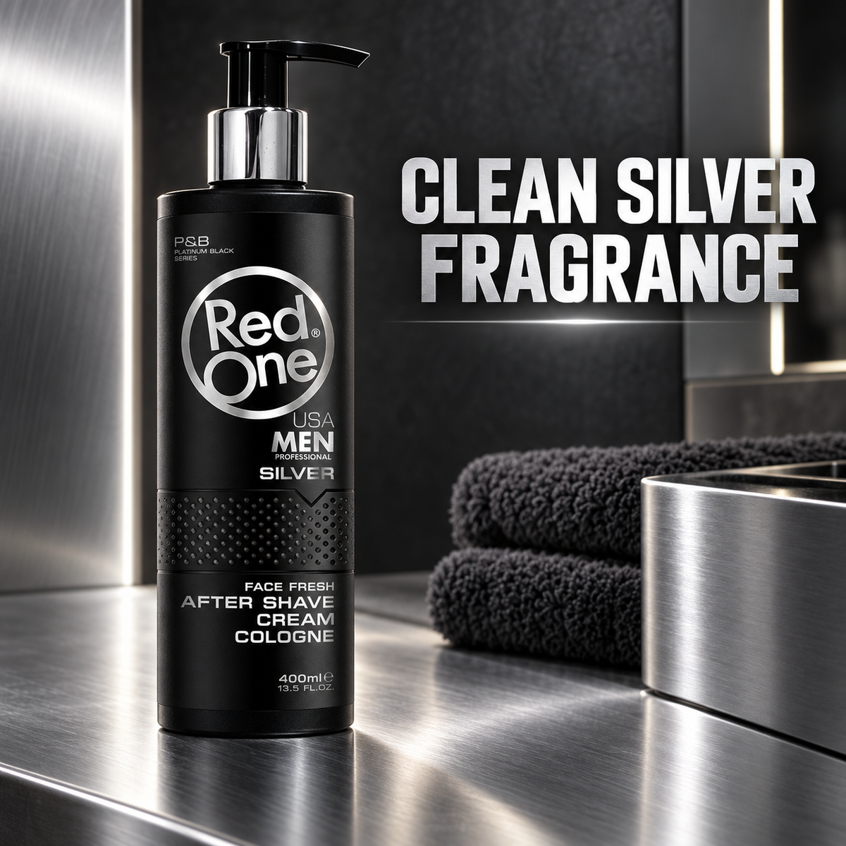 RedOne After Shave Cream Cologne Silver 400ml – clean Silver fragrance on a brushed-metal barber counter