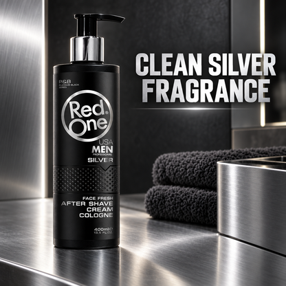 RedOne After Shave Cream Cologne Silver 400ml – clean Silver fragrance on a brushed-metal barber counter