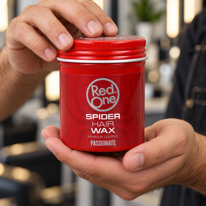 Hands holding the closed RedOne Spider Hair Wax Passionate 100ml tin.