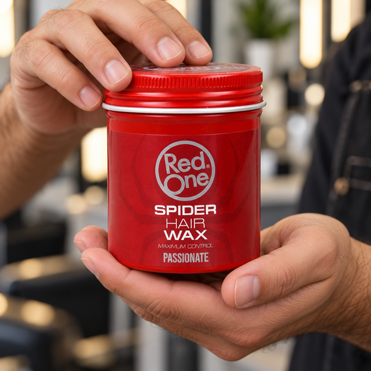 Hands holding the closed RedOne Spider Hair Wax Passionate 100ml tin.