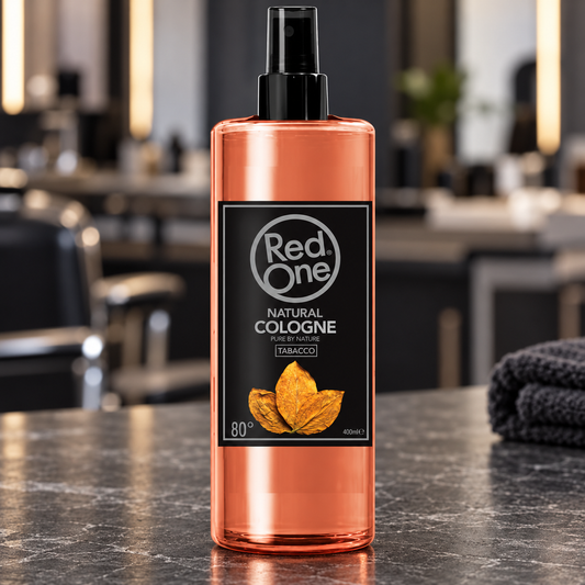 RedOne Tobacco natural cologne 400ml spray bottle on a salon counter