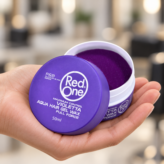 RedOne Violetta Aqua Hair Gel Wax 50ml open jar and purple lid resting in a hand.