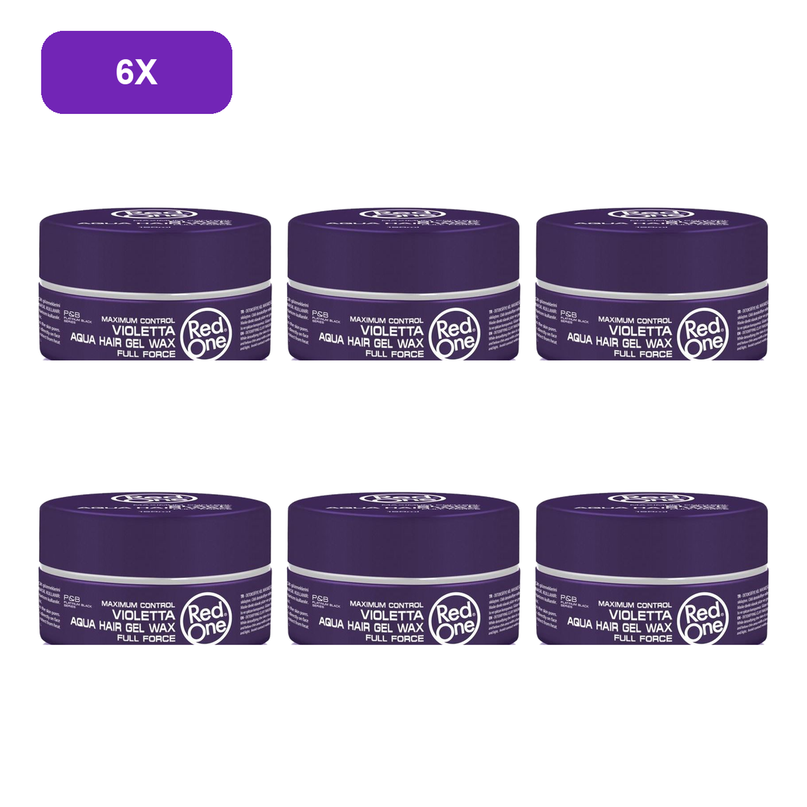 RedOne Violetta Aqua Hair Wax 150ml – 6 Pack showing all 6 exact RedOne 150ml wax jars on white background