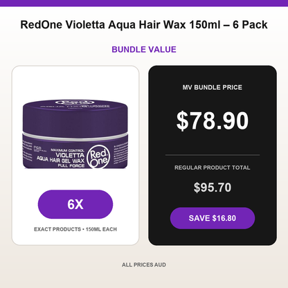RedOne Violetta Aqua Hair Wax 150ml – 6 Pack bundle price $78.90 AUD and regular product total $95.70 AUD