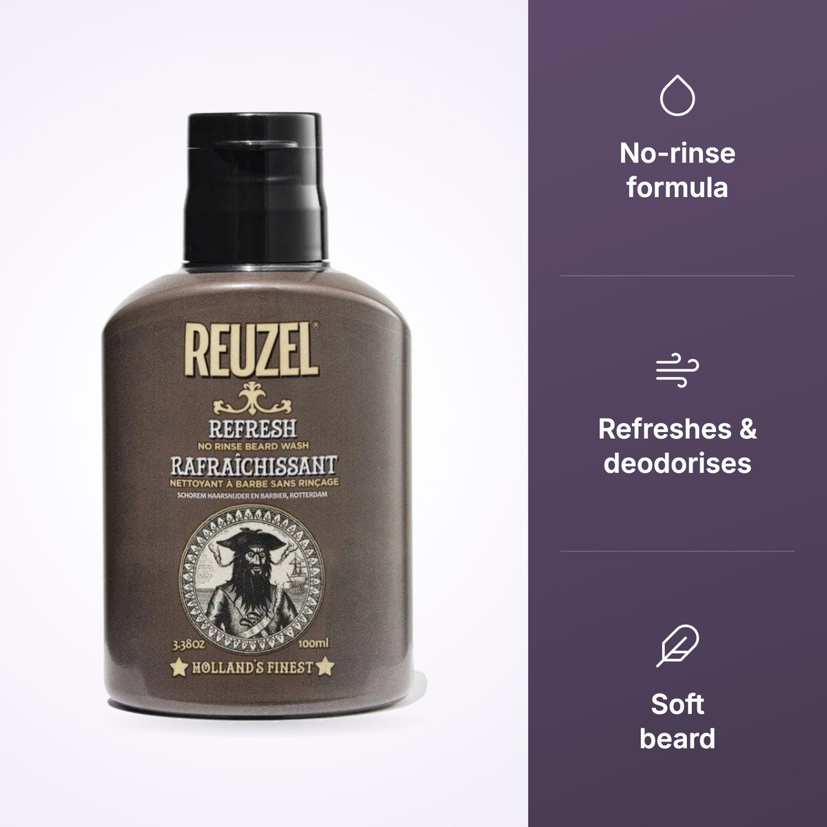 Reuzel Refresh No Rinse Beard Wash 100ml key benefits infographic