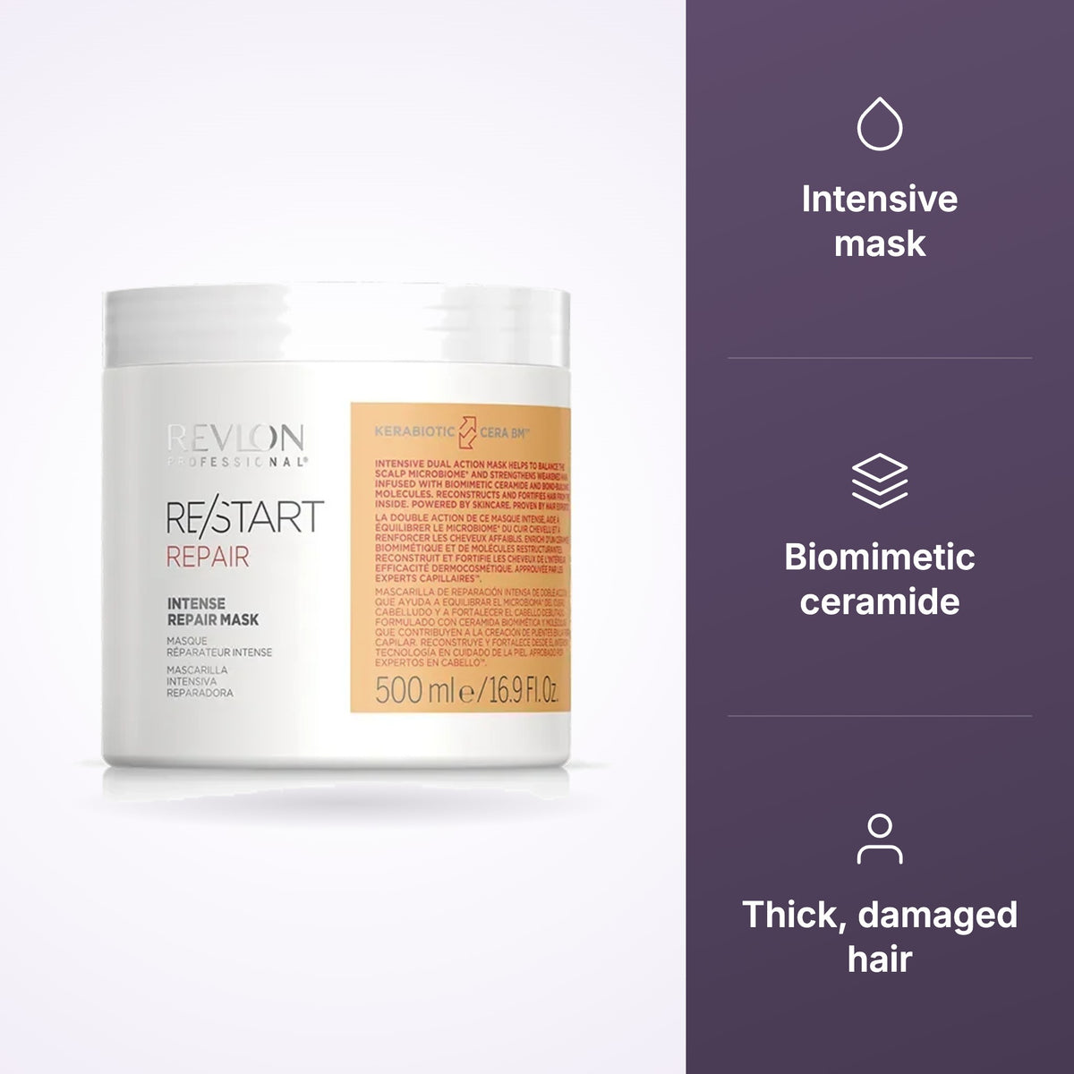 Revlon Professional RESTART Repair Intense Repair Mask key benefits infographic