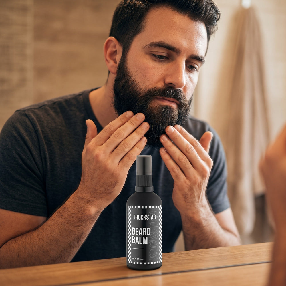 Rockstar Beard Balm features: tames the beard, conditions, vegan
