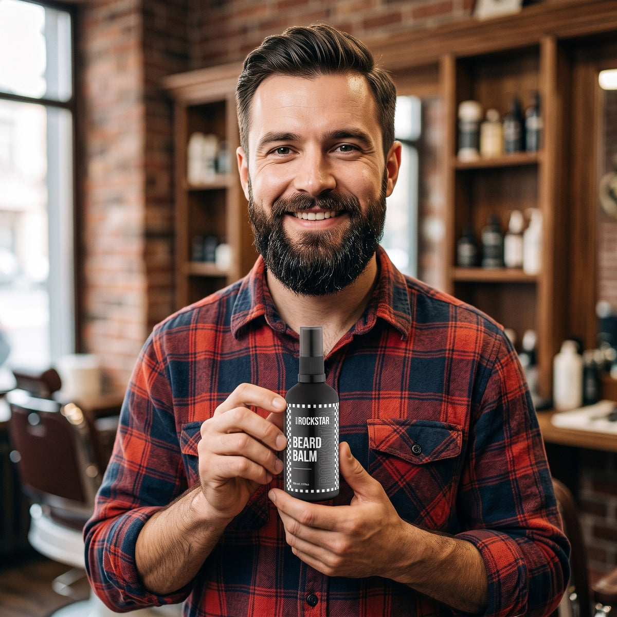 Bearded man holding Rockstar Beard Balm in a barbershop