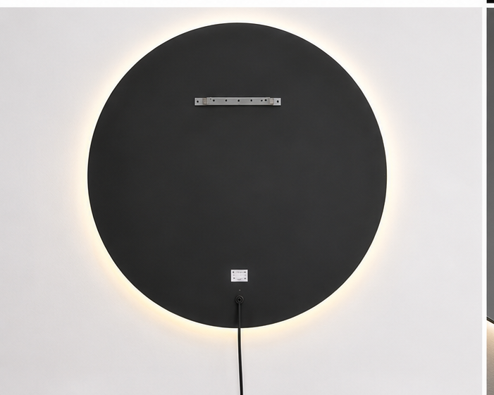 Rear view of round 90 x 90 cm LED salon mirror with wall mount and power cable
