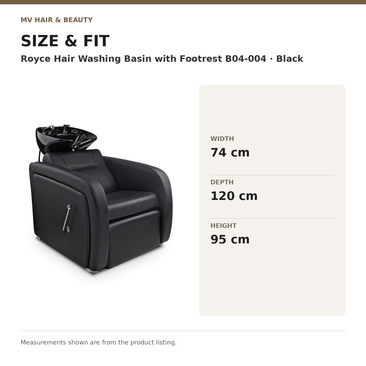 Royce Hair Washing Basin with Footrest B04-004 – Black dimensions: Width: 74 cm; Depth: 120 cm; Height: 95 cm