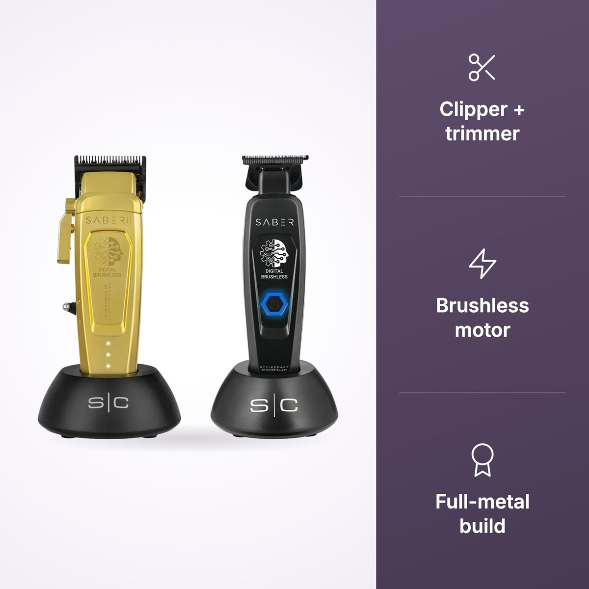StyleCraft Saber 2 clipper and Precision trimmer on docks with clipper and trimmer, brushless motor and full-metal callouts